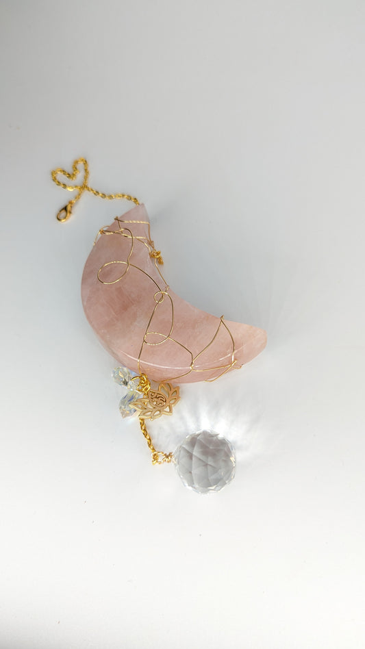 Rose Quartz Moon Suncatcher || Large Suncatcher || Car Catchers || Wire Wrapped Crystal Suncatcher || Boho || Genuine Crystals || Healing Décor || Inspired Vibrations