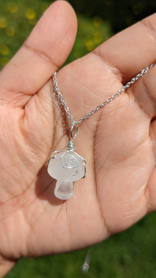 Quartz Mushroom Pendant | Silver Wire Wrapped Necklaces | Crystal Necklace | Healing Jewelry |