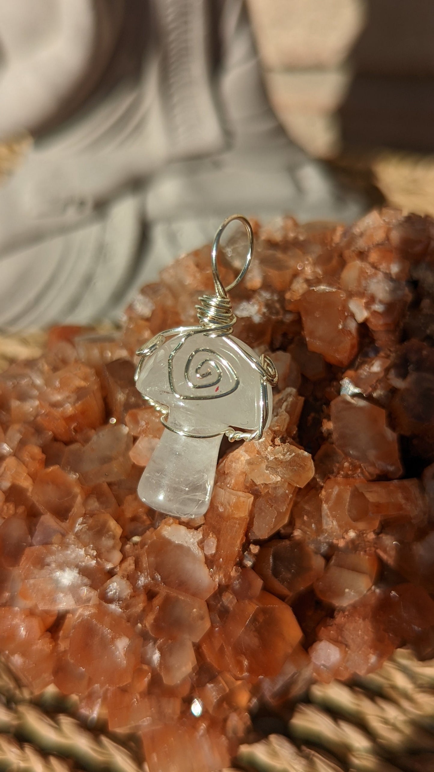 Quartz Mushroom Pendant | Silver Wire Wrapped Necklaces | Crystal Necklace | Healing Jewelry |