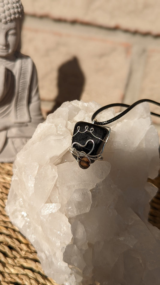 Black Obsidian with Onyx Pendant | Silver Wire Wrapped Necklaces | Crystal Necklace | Healing Jewelry |