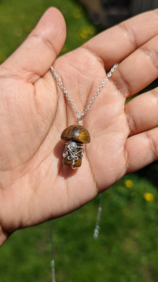 Tigers Eye Mushroom Pendant | Copper Wire Wrapped Necklaces | Crystal Necklace | Healing Jewelry |